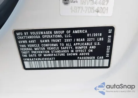 2018 Volkswagen Passat 2.0T R-Line/2.0T S z USA, uszkodzony, nr VIN 1VWAA7A35JC022477